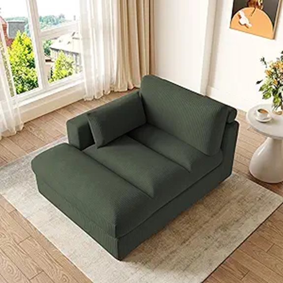 Oversized Green Corduroy Lounge Chair with Throw Pillows